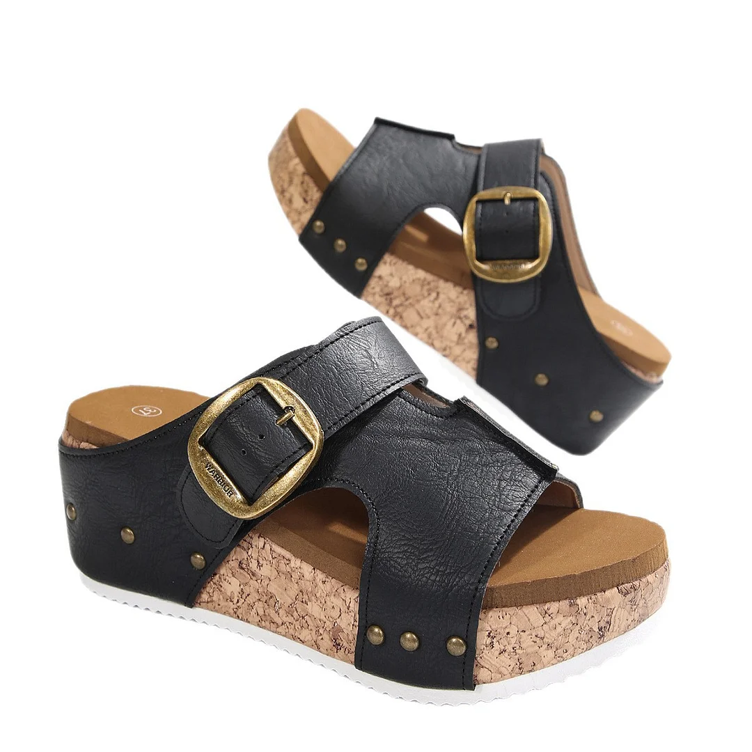 Breakj Breakj Summer New Large-Size Lady Thick Bottom Heel Sandals Large Belt Buckle Decoration