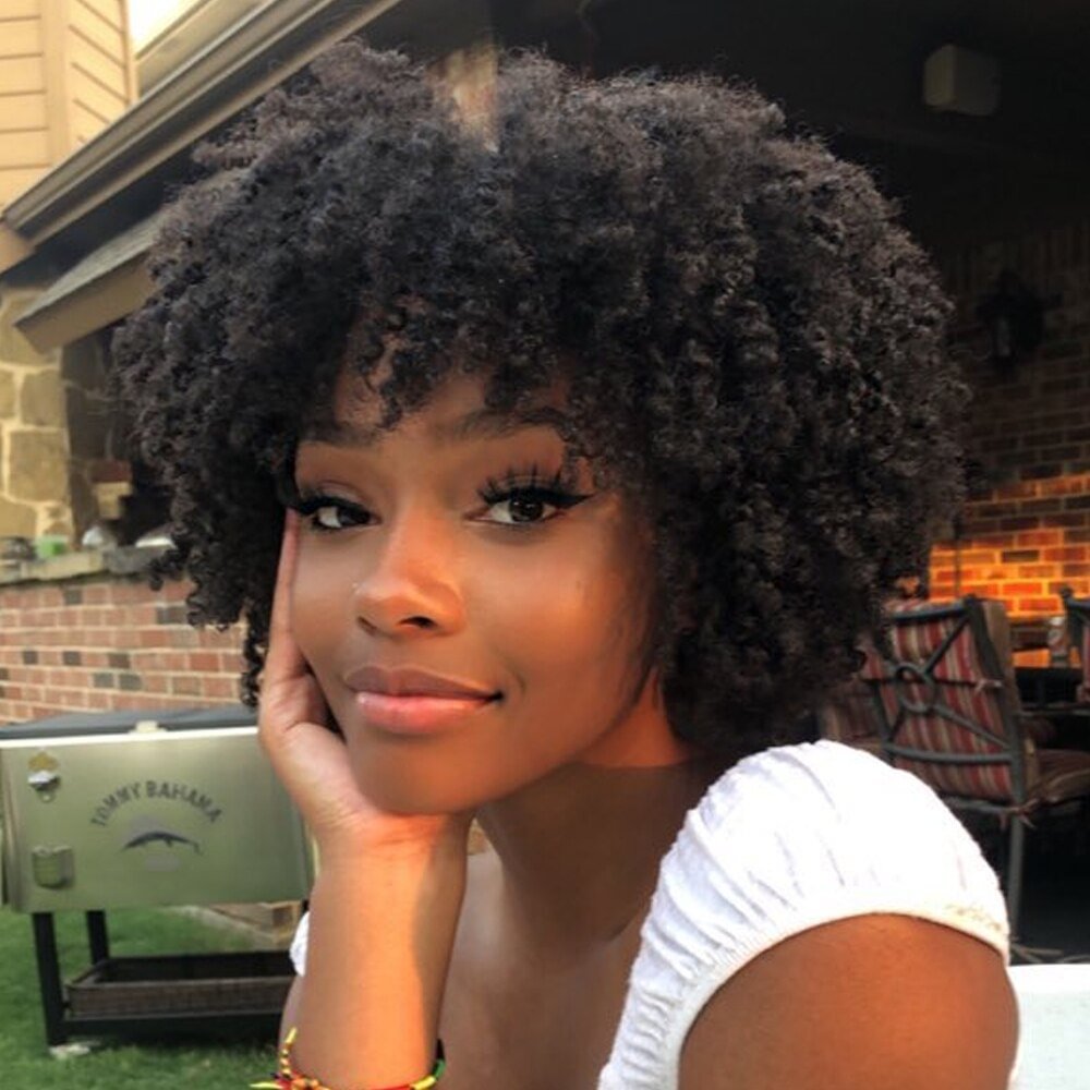 Perruque brésilienne naturelle Remy, cheveux crépus bouclés, Afro, avec frange, sans colle, densité 200, pour femmes africaines US Mall Lifes