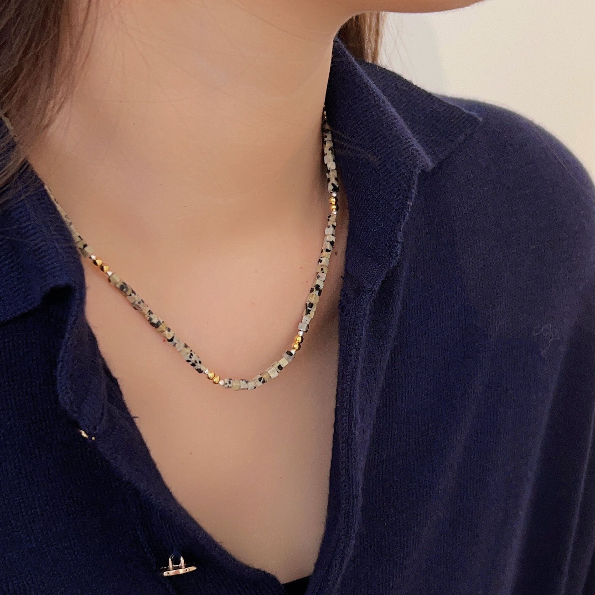 Natural pebble bead necklace with sterling silver chain. 