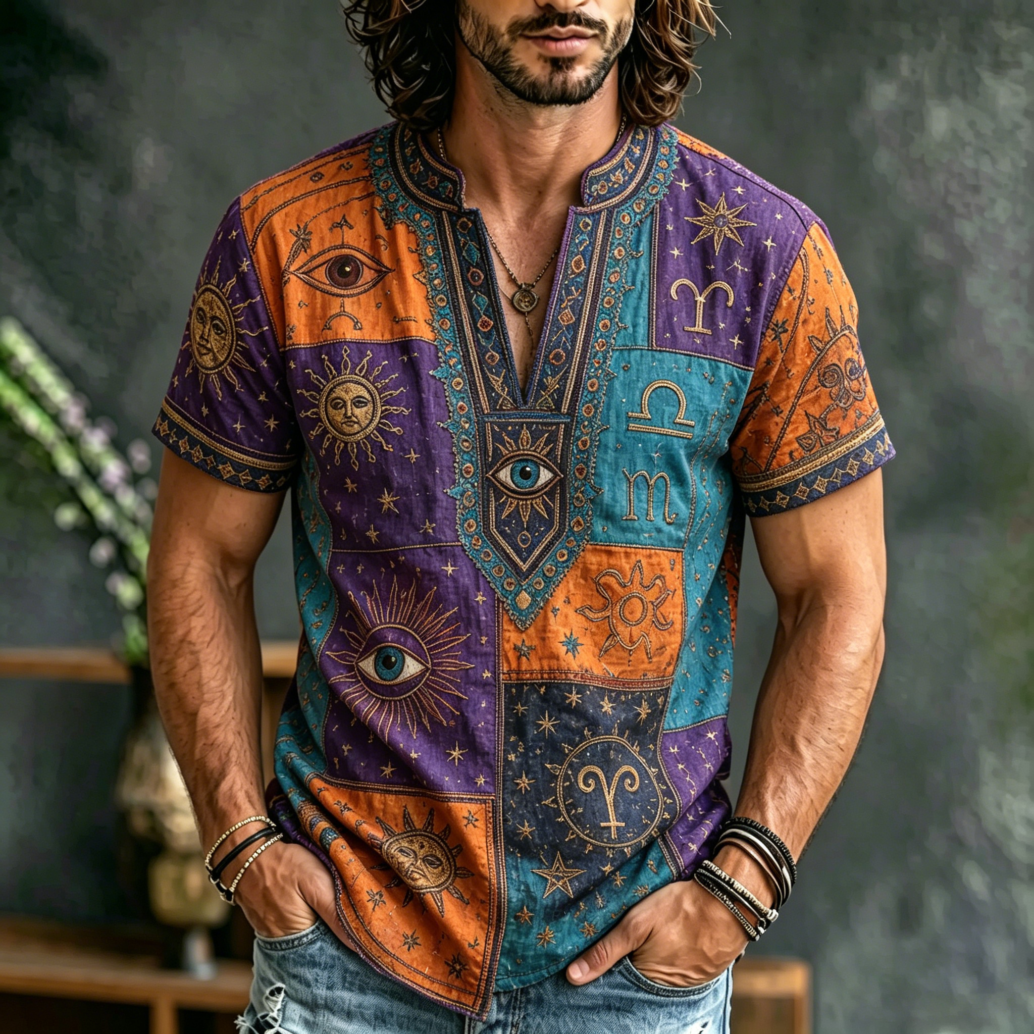 Comstylish Men's Zodiac Sun, Moon And Stars Patchwork Short-sleeve Cotton Linen Top