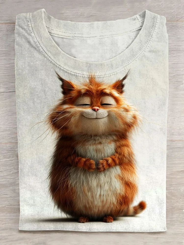 Cute Fluffy Cat Art Print Short Sleeve Casual T-shirt