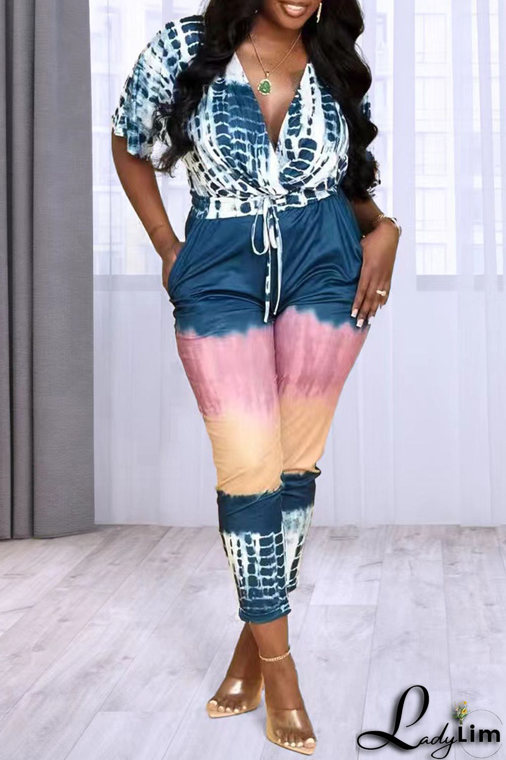 Orange Fashion Casual Print Split Joint V Neck Regular Jumpsuits