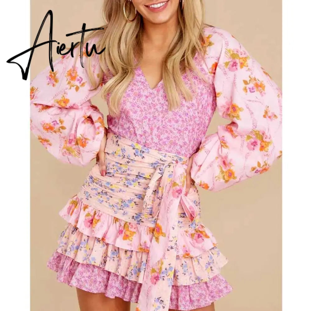 Boho Inspired women's spring summer dress long sleeve V-neck tiered ruffled dress women floral print elegant party dress Aiertu