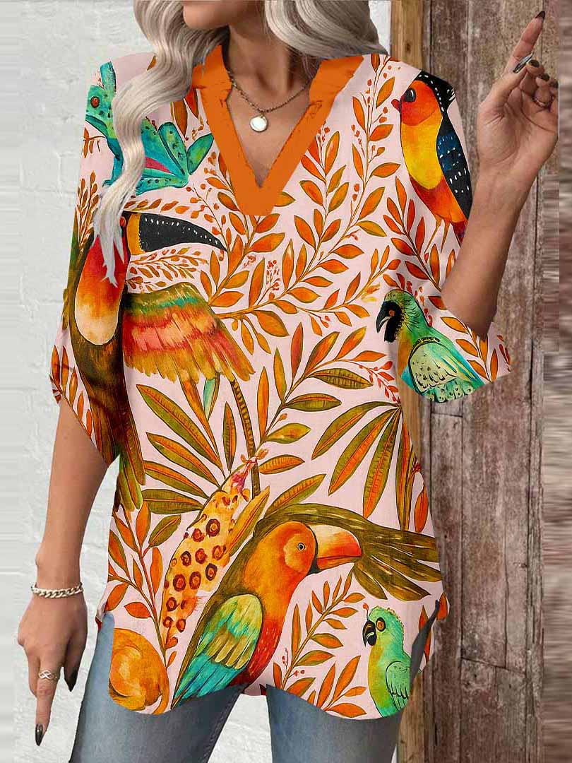 Women Tropical, Pink, Green DZGA0121 3/4 Sleeve V-neck Printed Graphic Button Tops