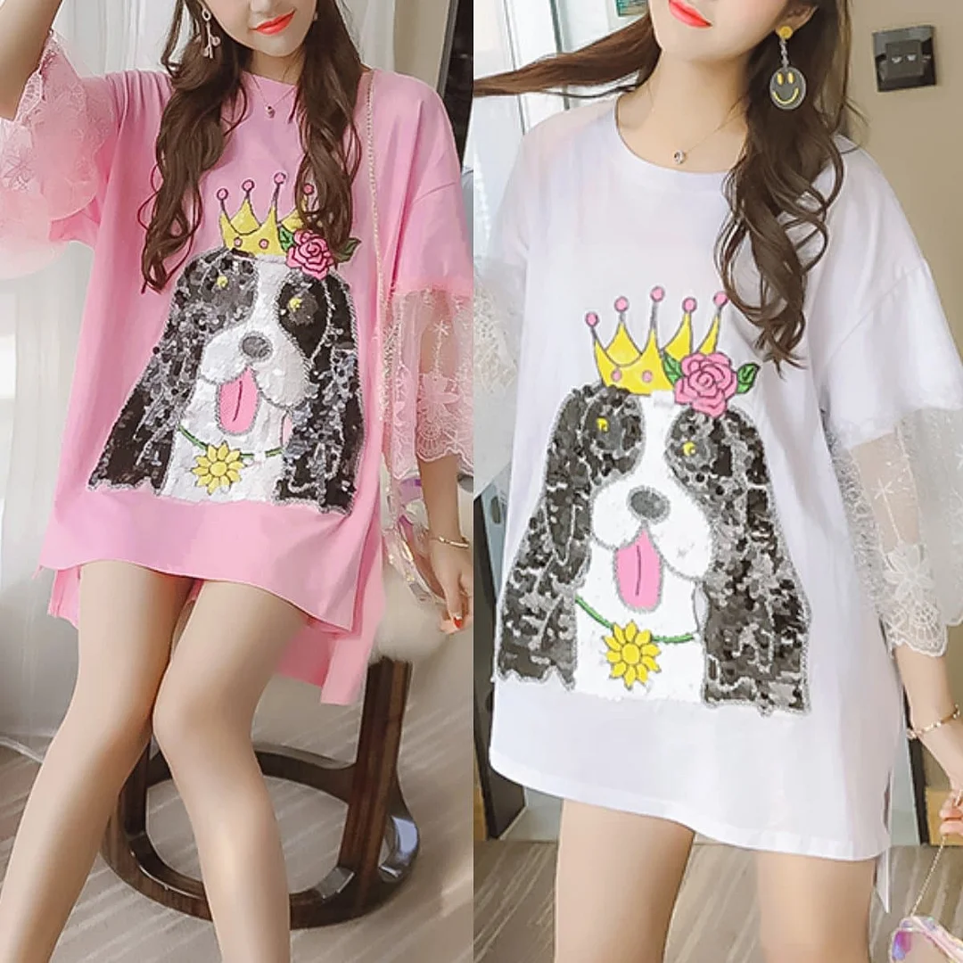 White/Pink Cute Dog Midi Shirt SP1812529