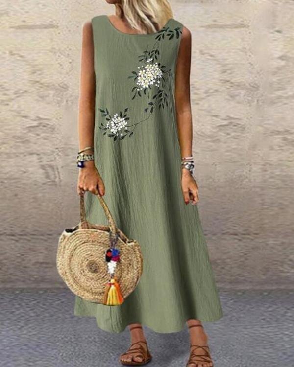Plus Size Casual Floral Tunic Round Neckline A-line Dress - Chicaggo