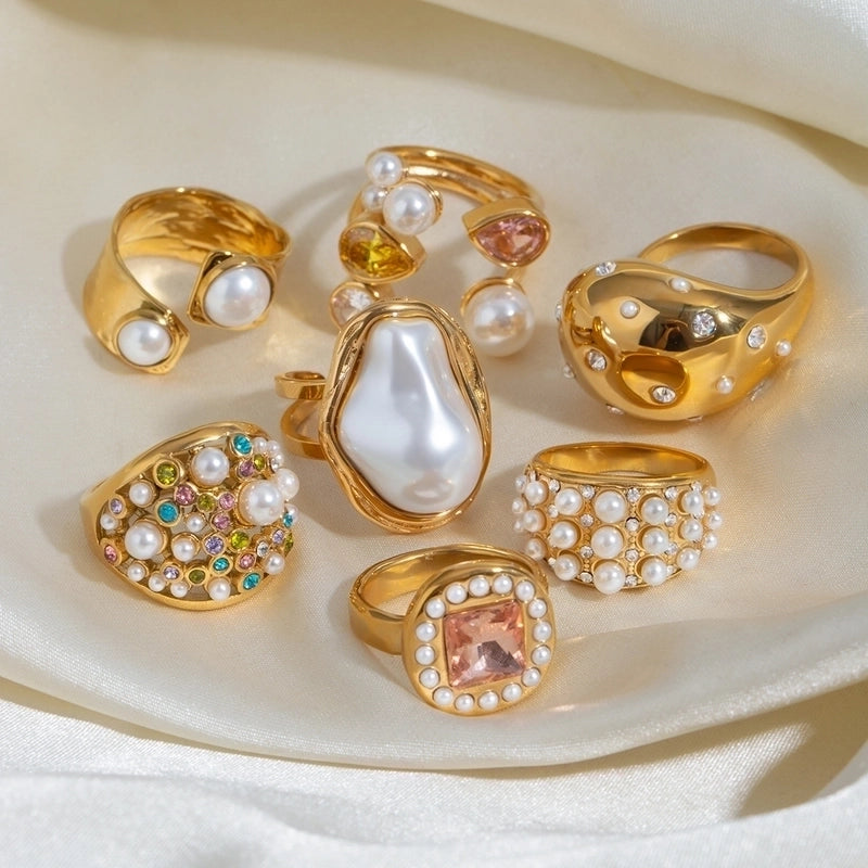 Exaggerated Geometric 304 Stainless Steel Pearl Zircon Gold Plated Plating Inlay Open Rings