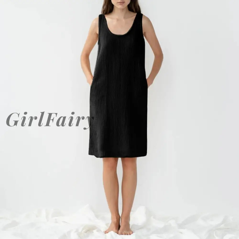 Girlfairy Elegant 100% Cotton Womens Dresses Casual Sleeveless Black White Yellow Dress Midi Robe