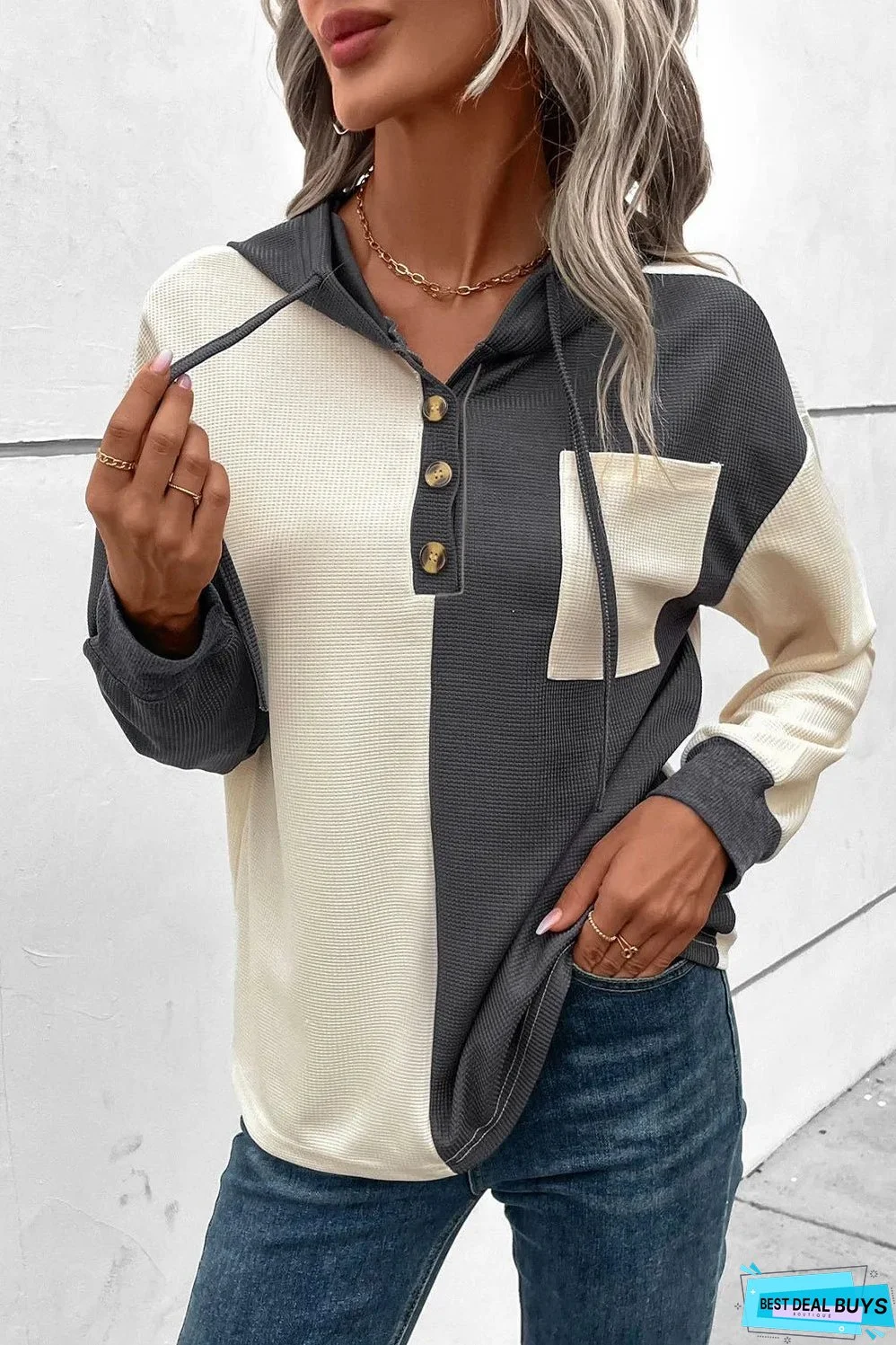 Drawstring Quarter Button Contrast Long Sleeve Hoodie