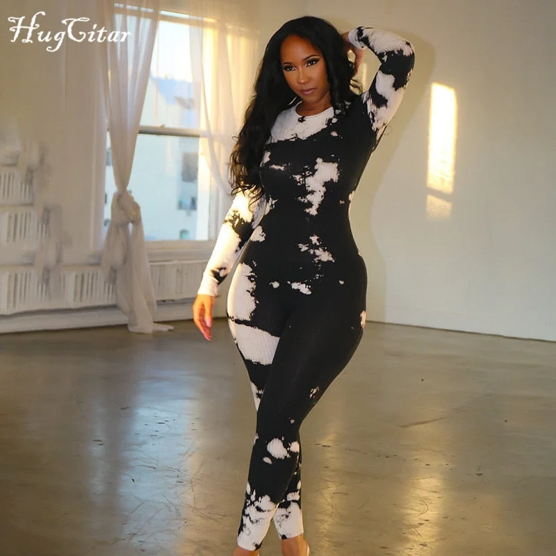 Hugcitar 2020 Long Sleeve O-Neck Print Ribbed Skinny Jumpsuit Autumn Winter Women Fashion Streetwear Casual Romper