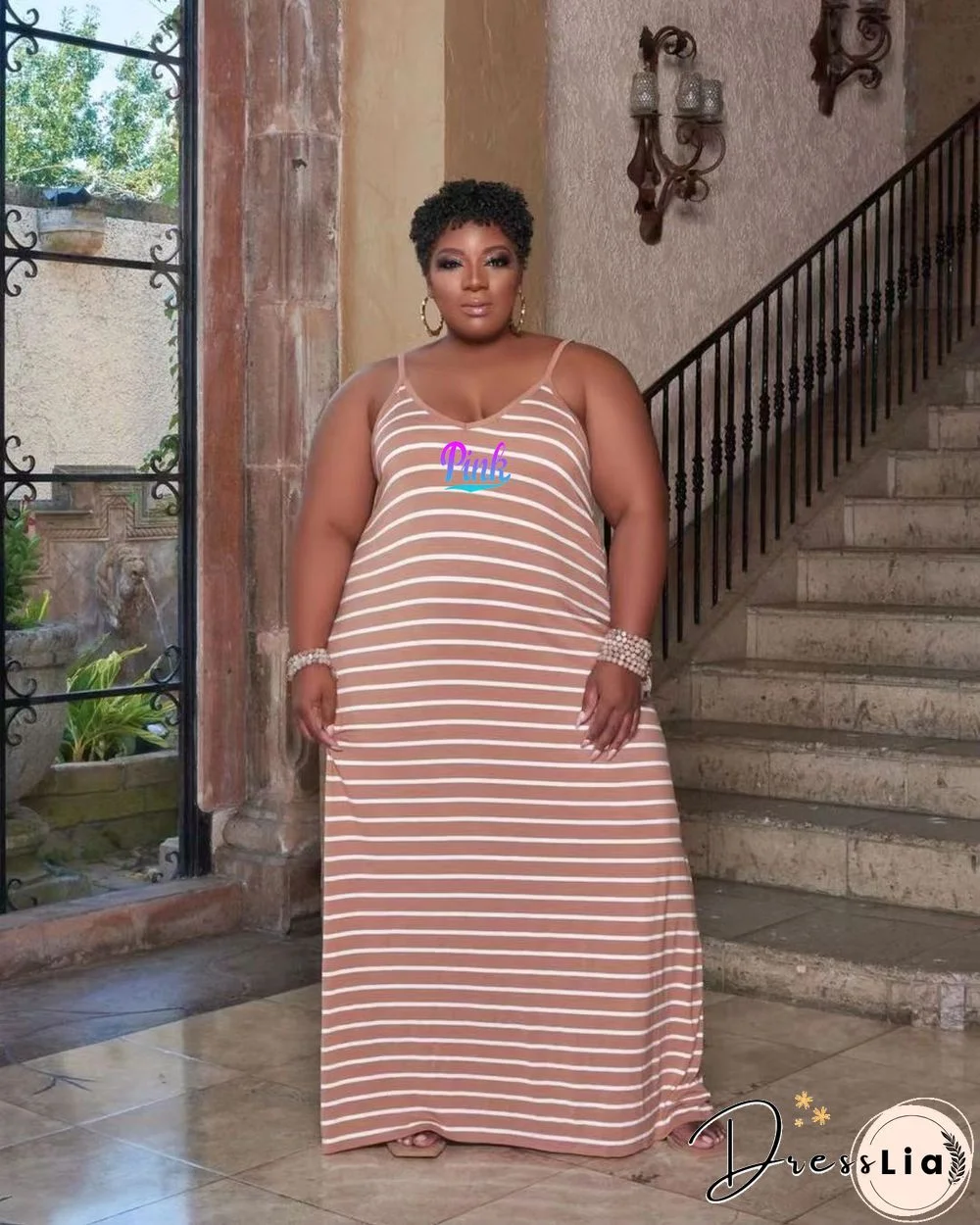 Stripe Print Sleeveless Loose Plus Size Dresses