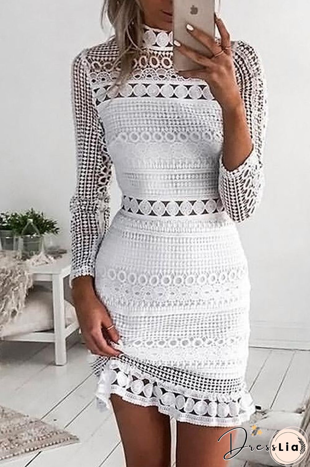 Back Zipper Lace Splice Hollow Out Mini Dress