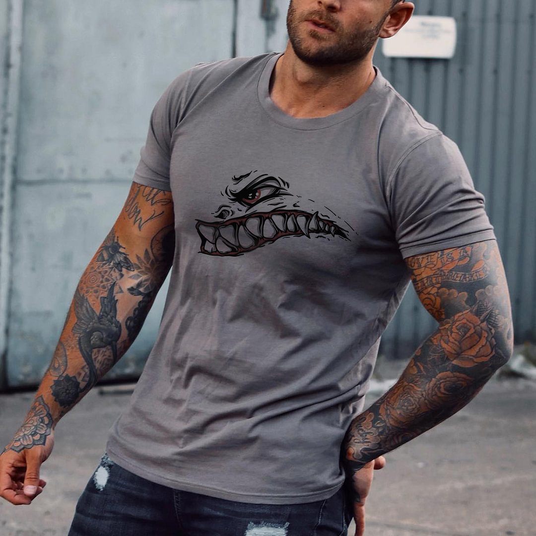 Men's Fashion King Print Color Matching Casual Slim Fit Short Sleeve T-Shirt、、URBENIE