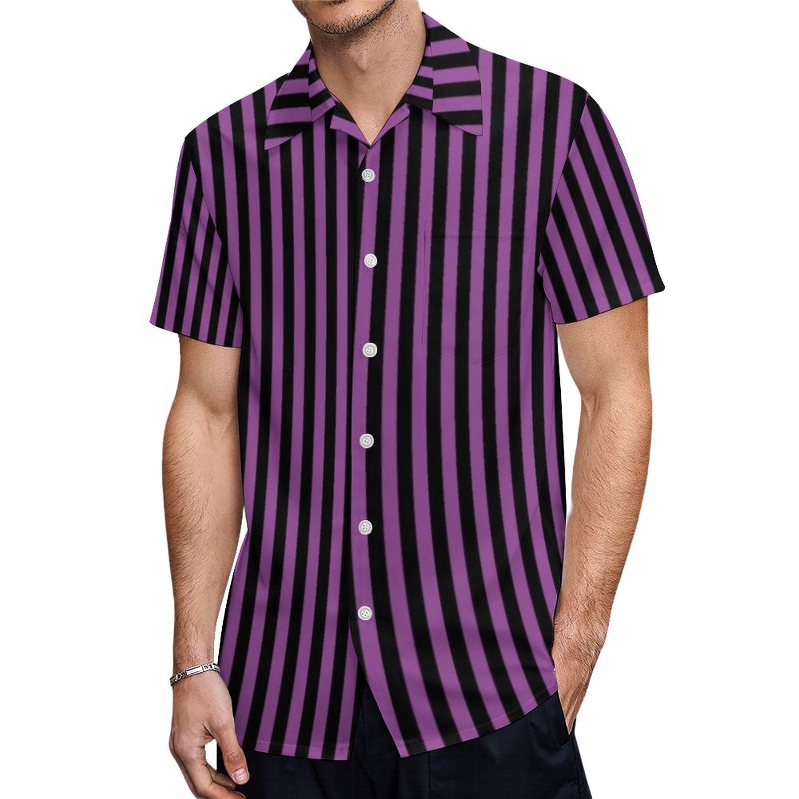 Purple Black Vertical Stripe Halloween Hawaiian Shirt Mens Button Down Plus Size Tropical Hawaii Beach Shirts