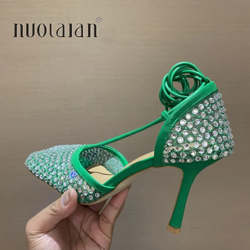 Size 35-42 Crystal Green Women Fishnet Pumps Runway Square Toe Ankle Cross Tied High Heels Rhinestone Sandals Shoes Woman