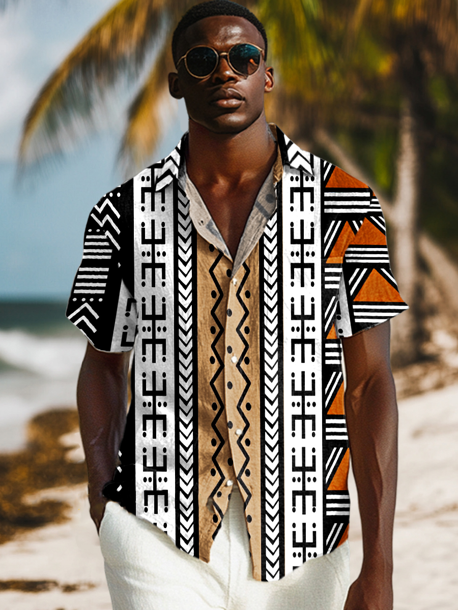 Africa Tribal Ethnic Stripes Art Prints Casual 100% Cotton Shirt