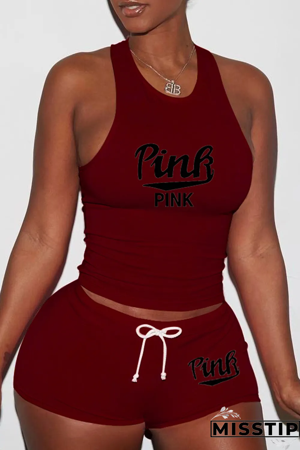 Pink Sexy Print Patchwork U Neck Sleeveless Two Pieces