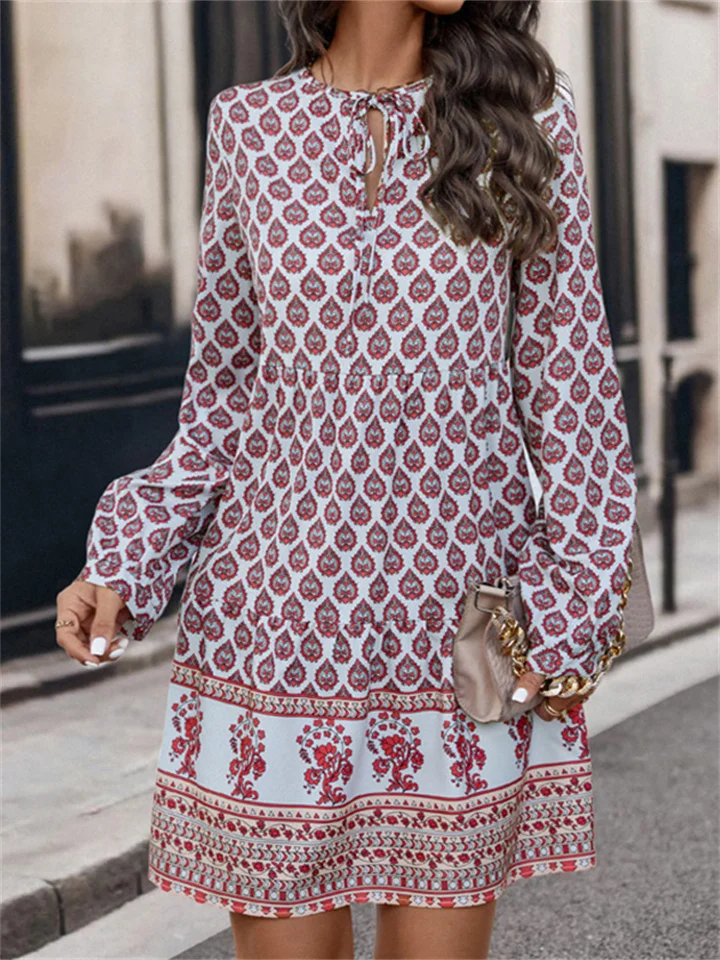 Women's New Fall and Winter Hot Diamond Print Loose Dresses Long-sleeved Dresses-Cosfine