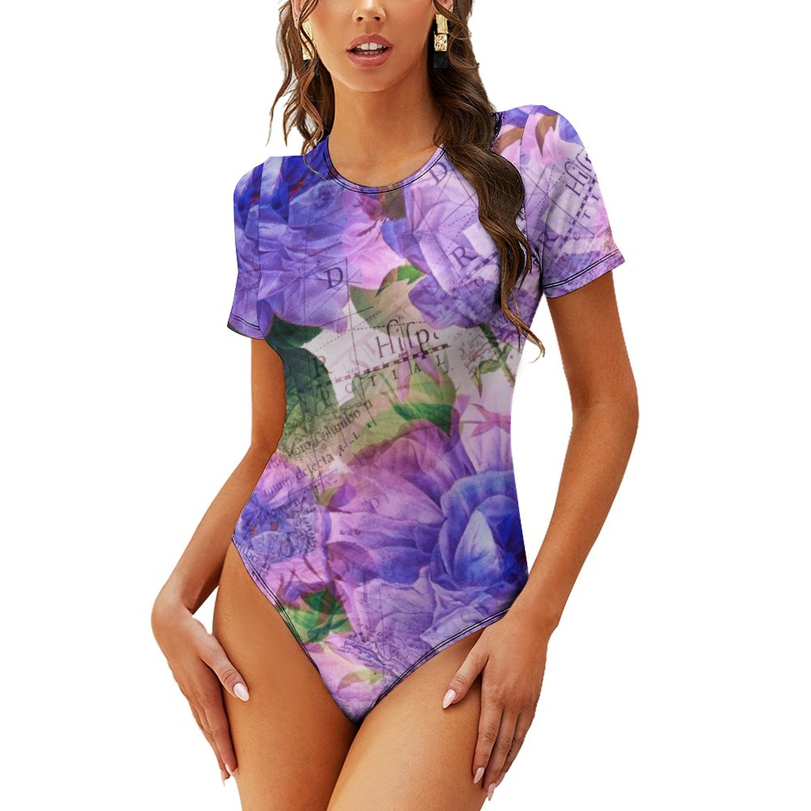 Women's Purple Flowers One Piece Swimsuit Mock Neck Short Sleeve Bathing Suit