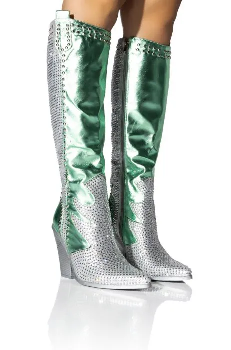 Knee High Boots Chunky Heel Cowboy Boot Crystal Pointy Toe Block Heel Boots Women Shoes