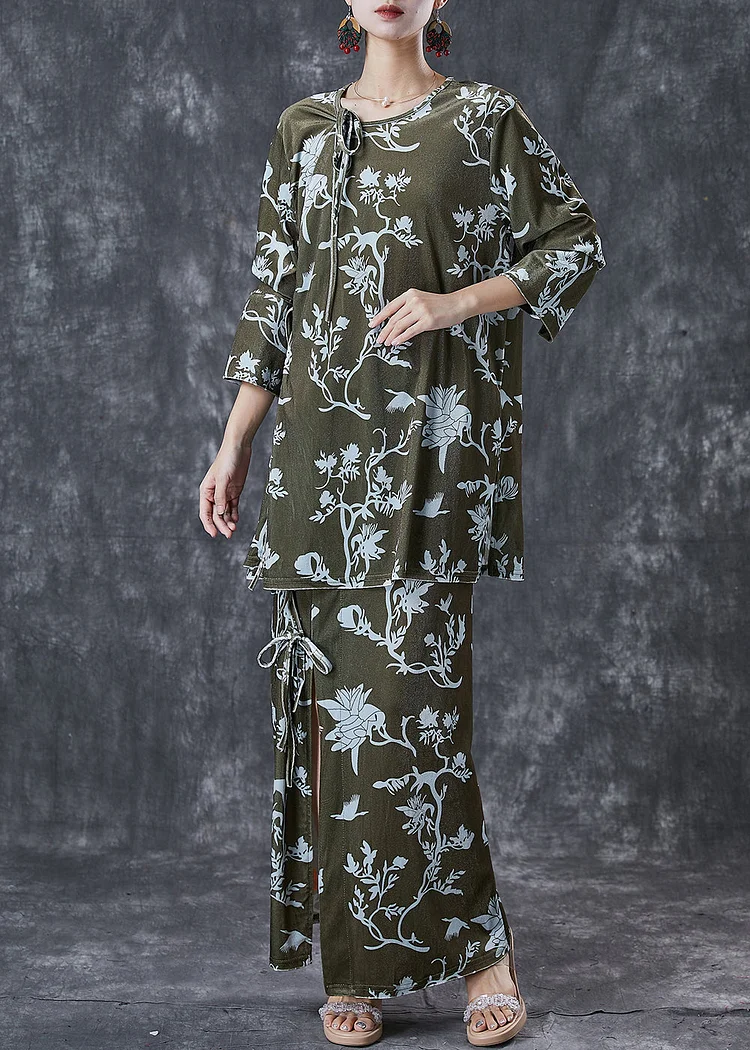 Elegant Green Print Lace Up Side Open Silk Velour Two Pieces Set Spring