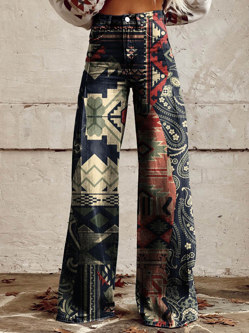 Women's Aztec Collage Print Casual Wide Leg Pants