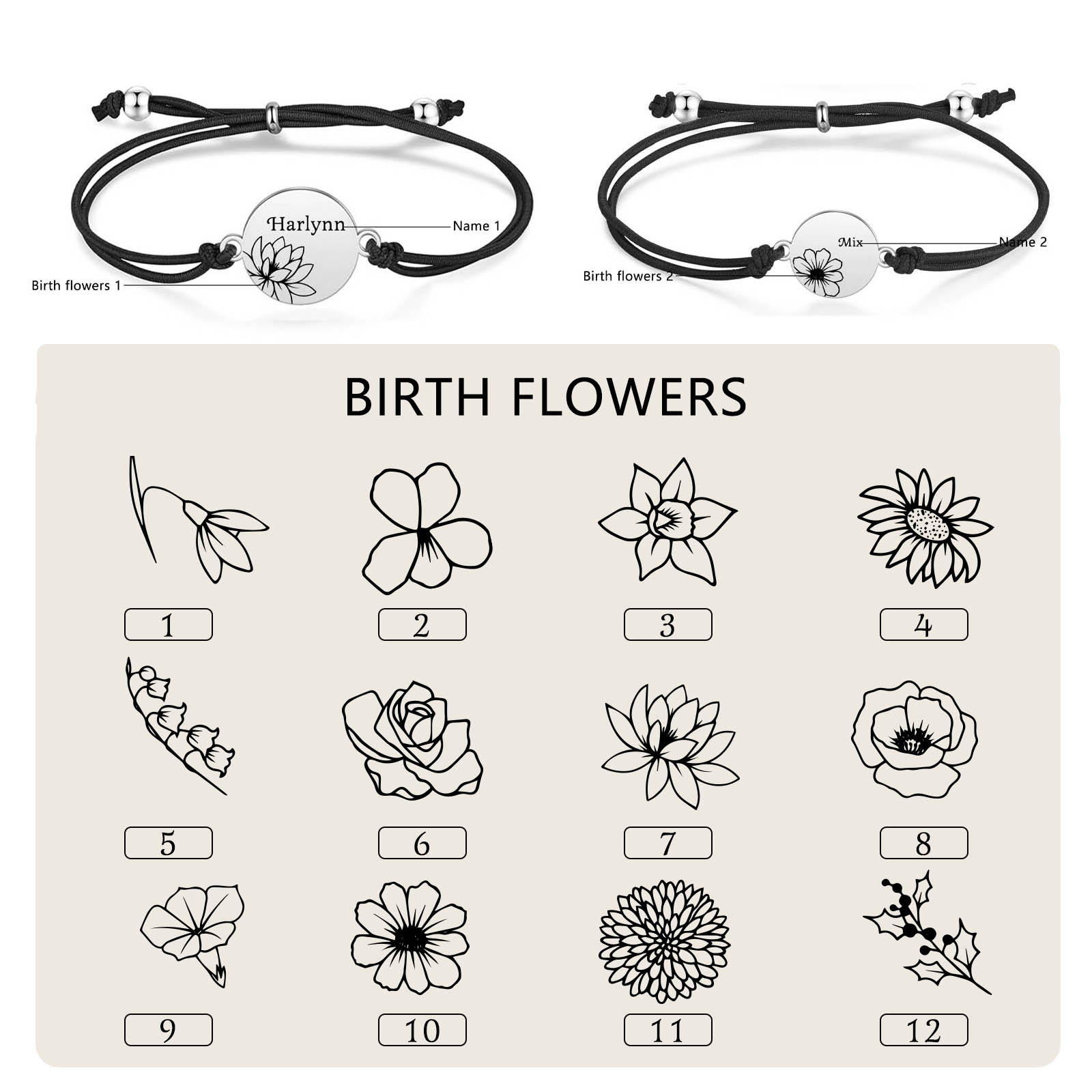 2 Pcs Bracelet Set Personalised Names & Birth Flowers Adjustable Bracelets with Message Card Back to School Gifts for Daughters-Jessemade AU