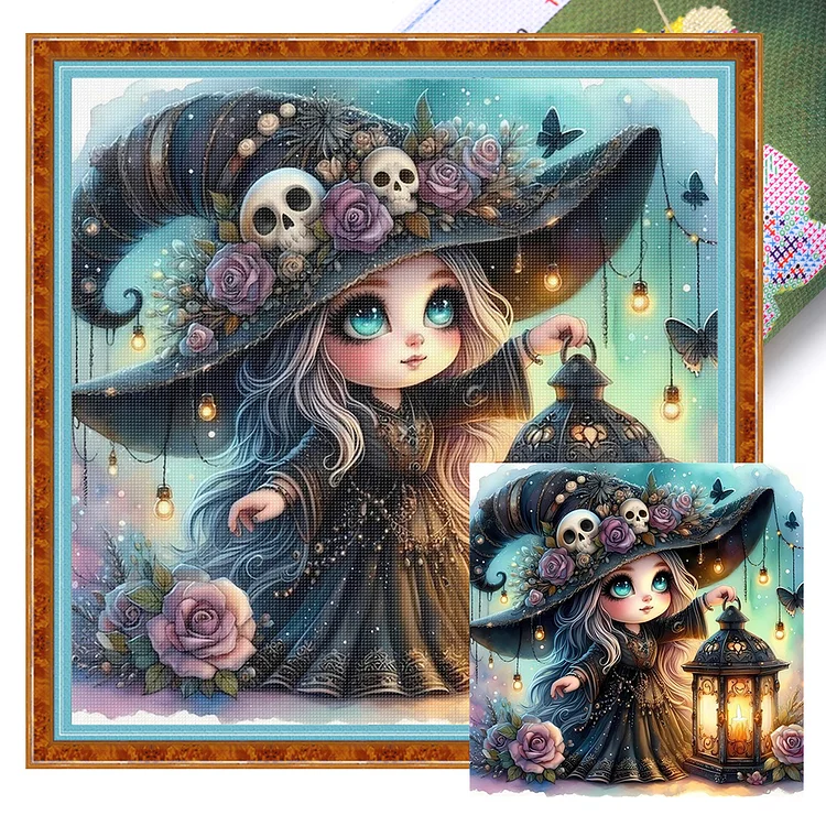 【Huacan Brand】Cute witch with lantern 45*45cm 11CT Stamped Canvas Cross Stitch gbfke