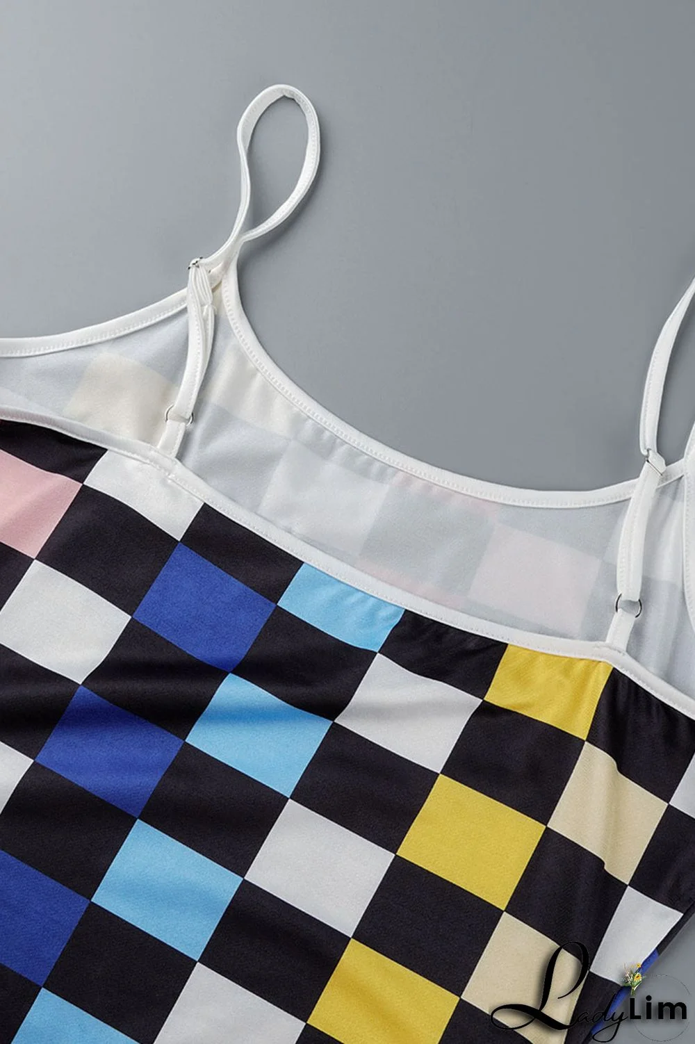 Rose Red Sexy Plaid Print Patchwork Spaghetti Strap Sling Dress Dresses