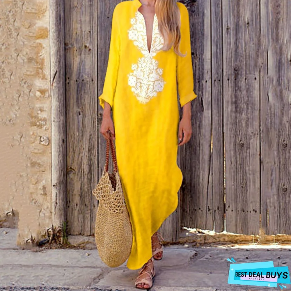 V-Neck Long Sleeves Cotton & Linen Women's Autumn Winter Dress