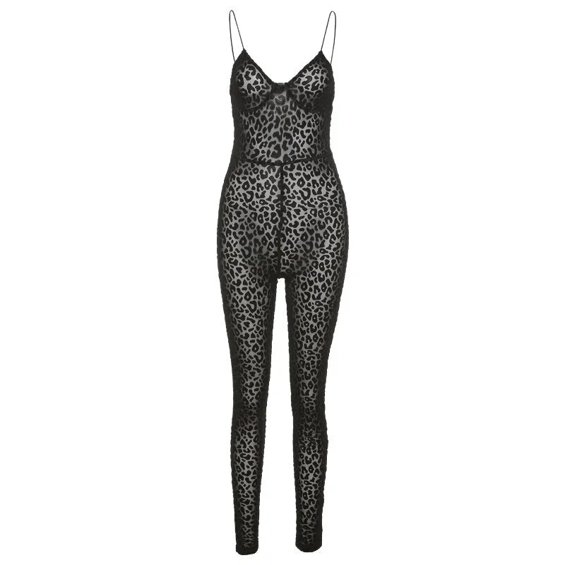 Yiallen Autumn Fashion Leopard Print Sexy V Neck Skinny Jumpsuits Women Sleeveless Backless Workout Female Rompers Activewear