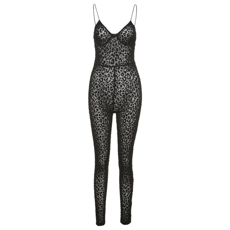 Yiallen Autumn Fashion Leopard Print Sexy V Neck Skinny Jumpsuits Women Sleeveless Backless Workout Female Rompers Activewear