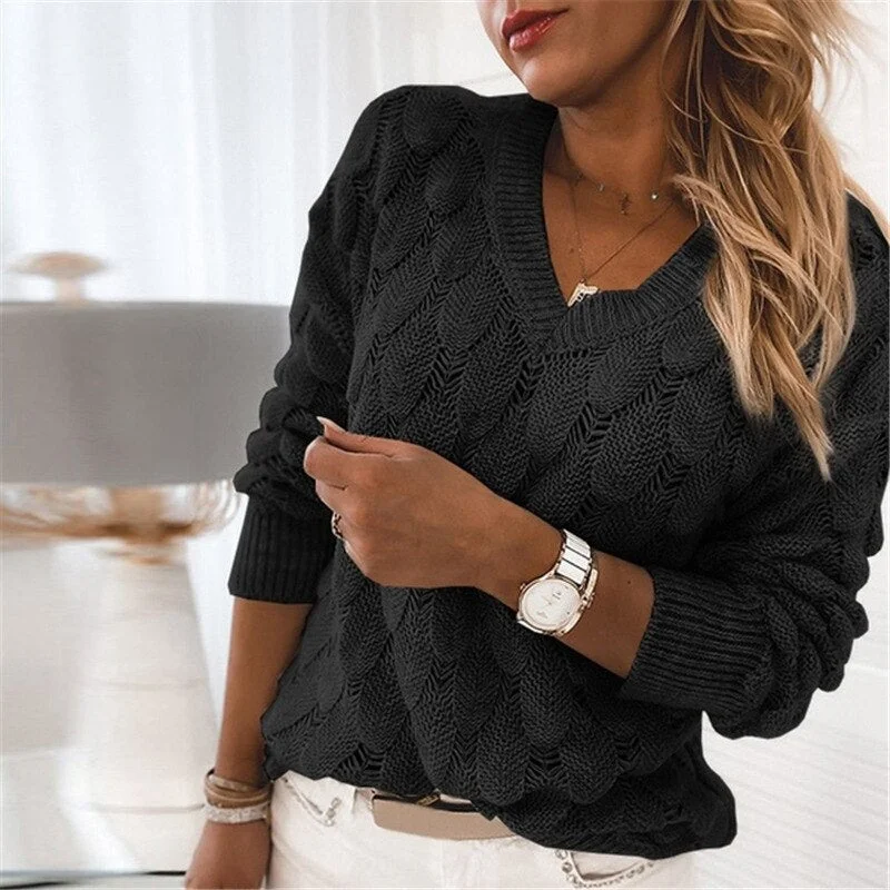 Women Knitted Sweater Oversize V Neck Sweater Spring Autumn Loose Long Sleeve Lightweight Hollow Out Pullovers Sweaters Tops