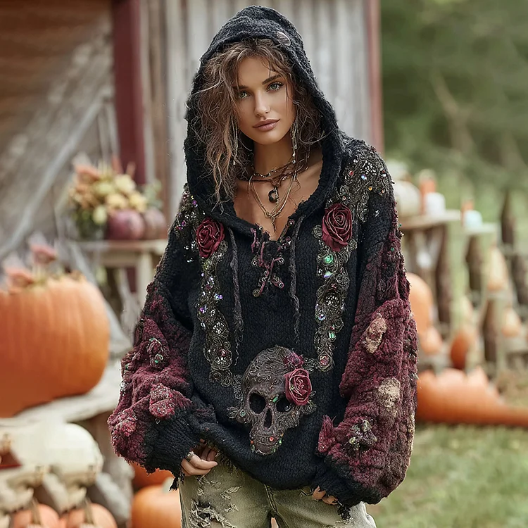 Rose And Skull Embroidered Gothic Chunky Knit Hooded Sweater