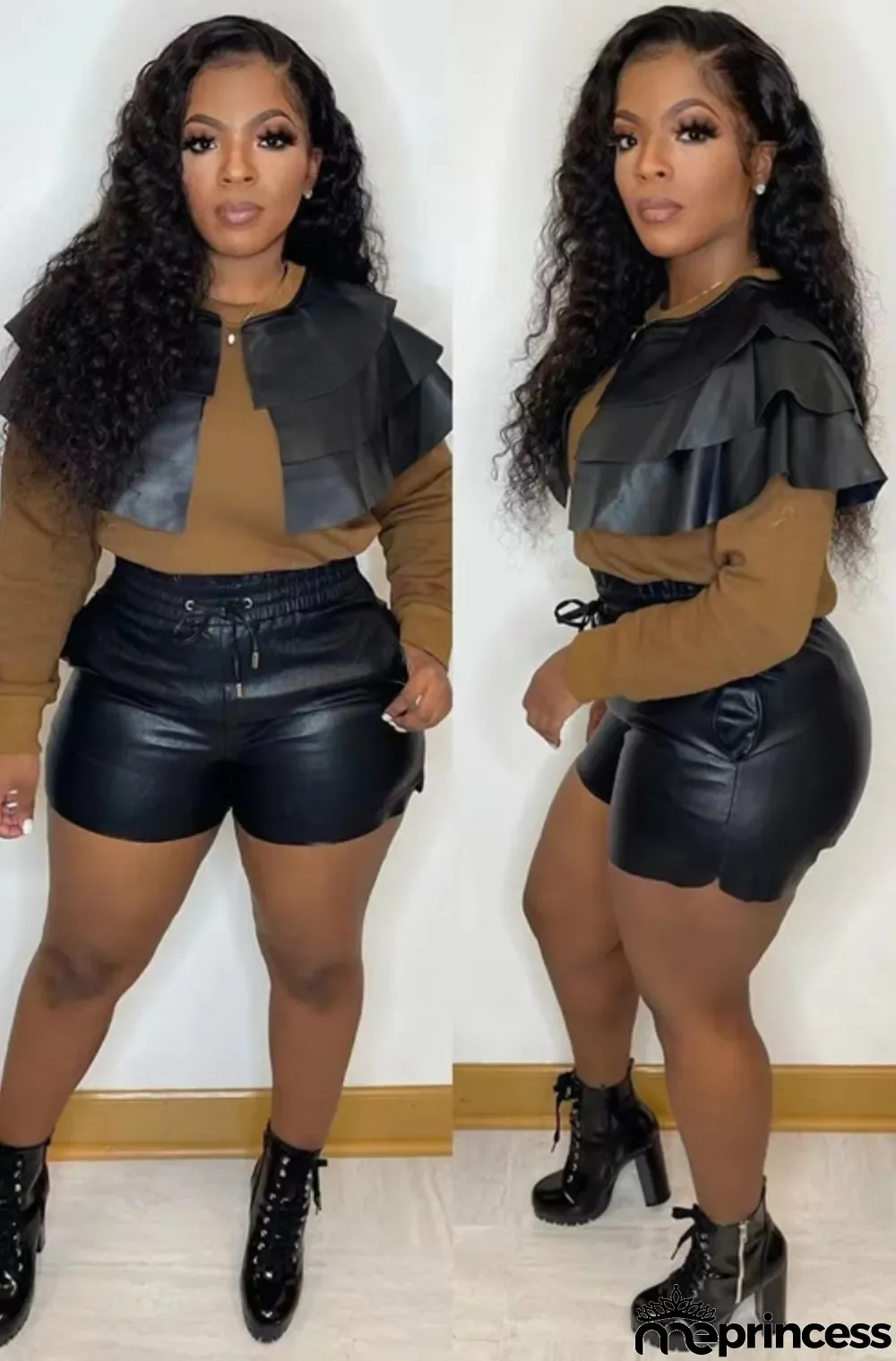 Winter PU Patch Shirt and Overall Leather Shorts 2 Piece Formal Set