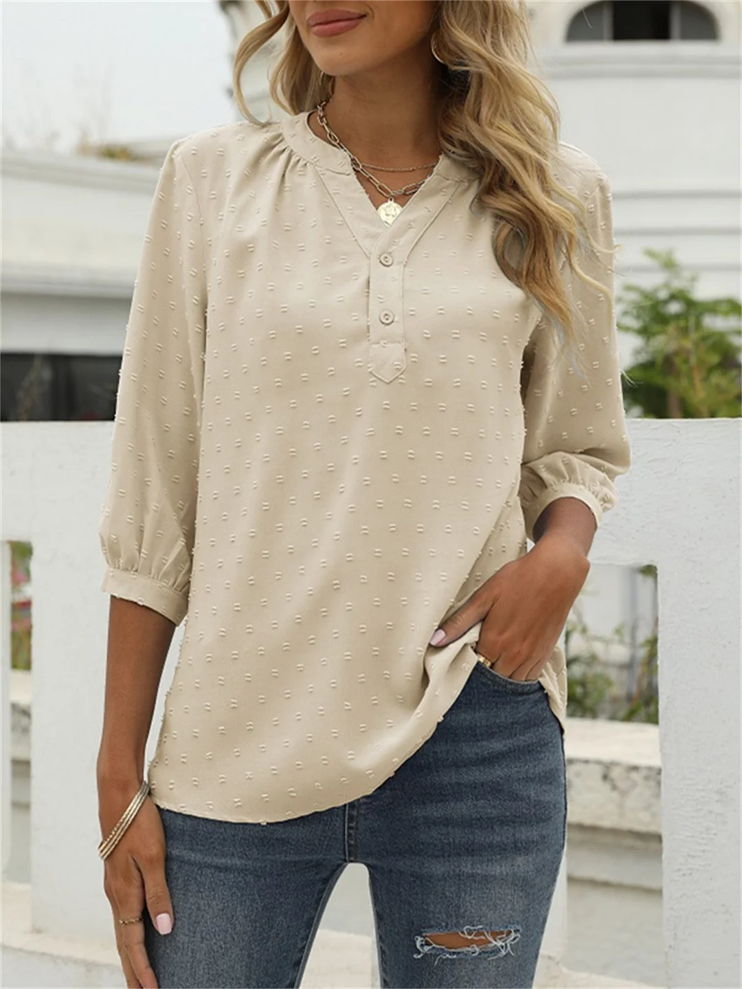 Women Half Sleeve V-neck Solid Color Buttons Tops