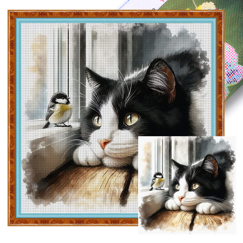 Cat And Bird Full 11CT Pre-stamped Canvas(40*40cm) Cross Stitch