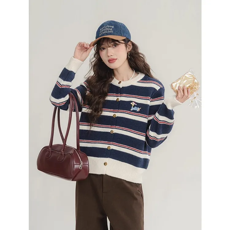 Athvotar Athvotar New Striped Knitted Shirt Small Fragrant Wind Milk Whiry Soft Sweater Cardigan Jacket Women Spring And Autumn Outside The Top