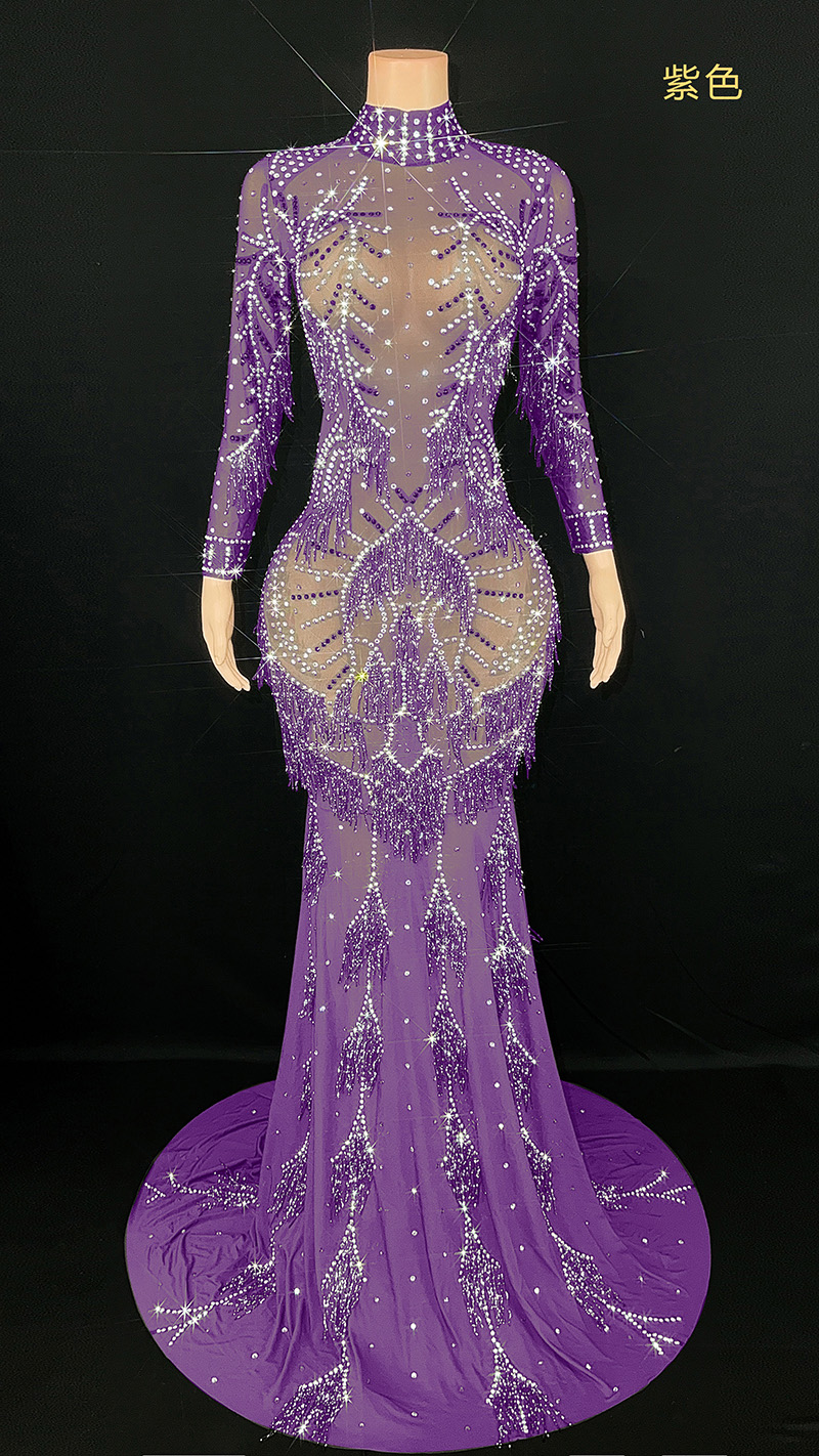 TAAFO Dazzling Diamonds Tassels Blue Dress Beaded Crystal Evening Dresses Dresses Women 