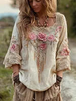 Bohemian Style Pink Floral Embroidered Casual Round Neck Top