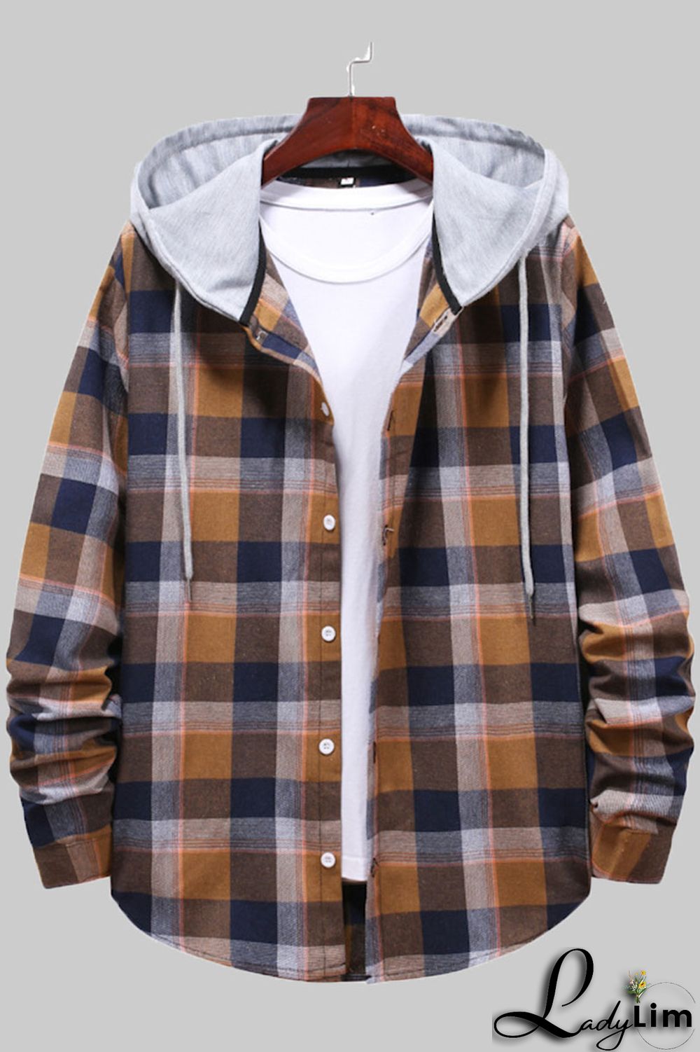 Coffee Fashion Casual Plaid Split Joint Hooded Collar Outerwear