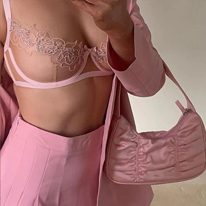 Billionm Pink Lingerie Set Women Blue Floral Embroidery Lengerie Nightwear Lace See Through Underwear Push Up Bra Panty Fancy Erotic Sets