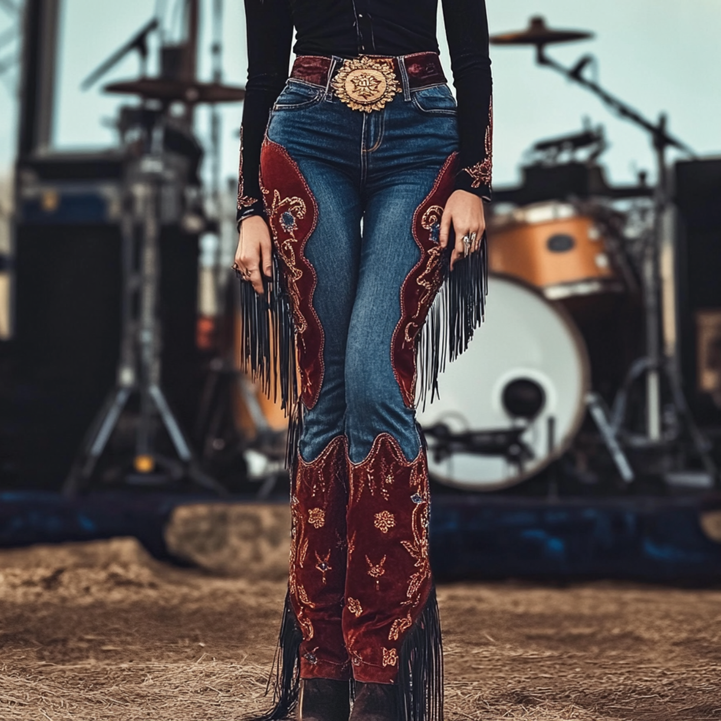 Women's Boho Fringe Denim Jeans With Velvet Accents