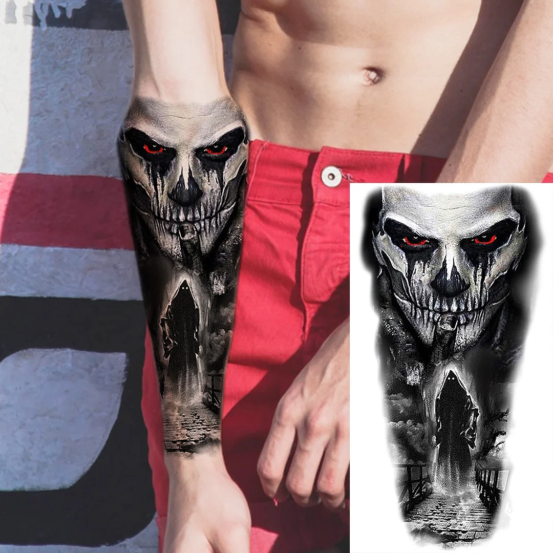 Sdrawing Realistic Black Devil Temporary Tattoos For Men Adult Tiger Pirate Skeleton Vampire Fake Tattoo Forearm Scary Tatoo Joker