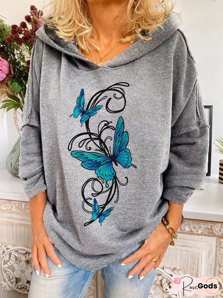 Casual Long-Sleeved Butterfly Print Hooded Sweatshirt