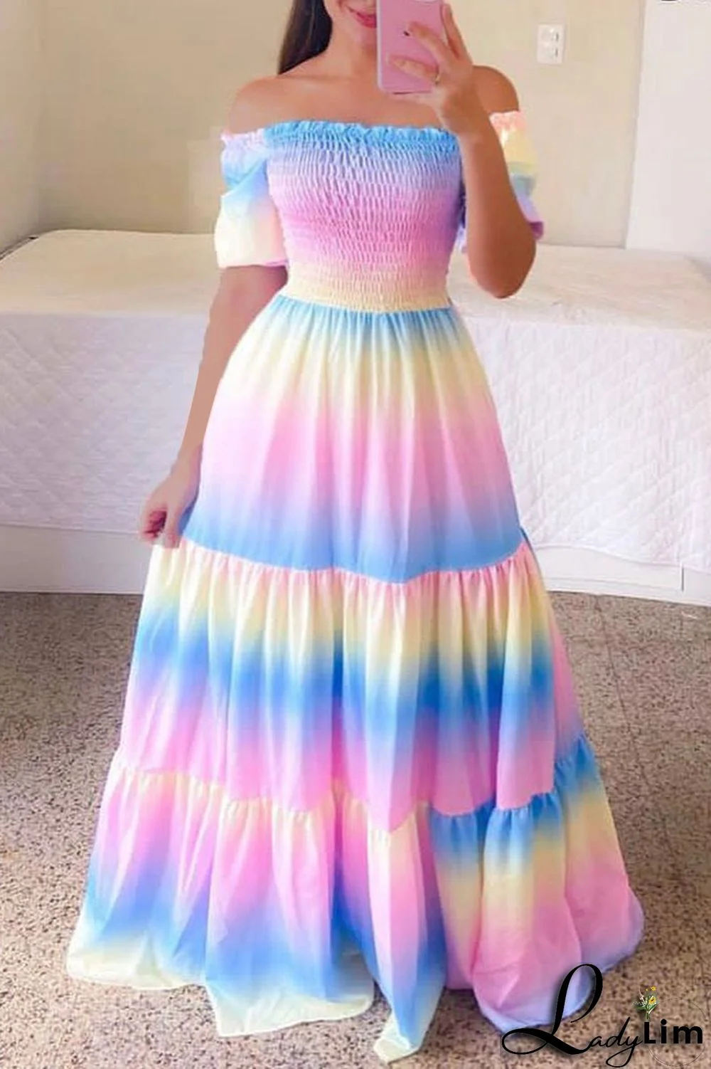 White Casual Sweet Print Split Joint Fold Off the Shoulder Printed Dress Dresses