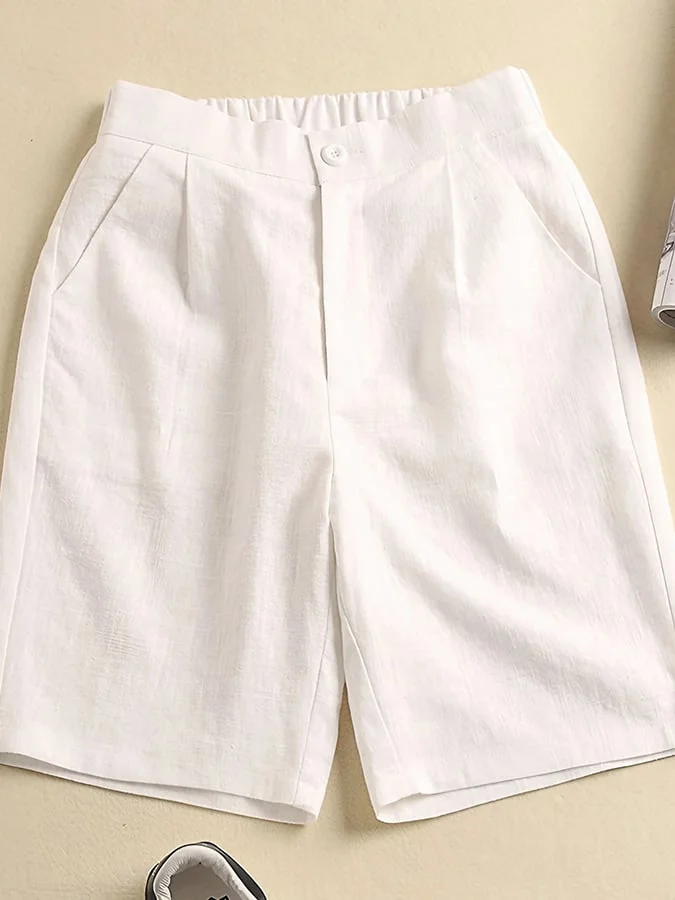 Cotton And Linen Elastic Waist Loose Straight Shorts