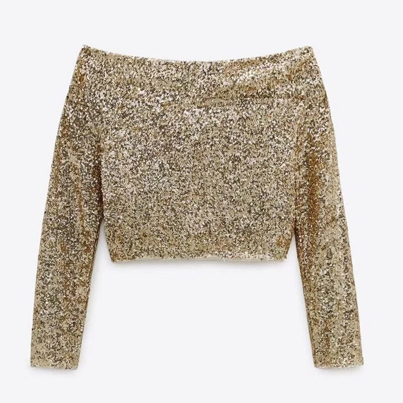 Vintage Chic Gold Sequined Cropped Blouses Women Fashion Sexy Slash Neck Shirts Elegant Ladies Short Tops