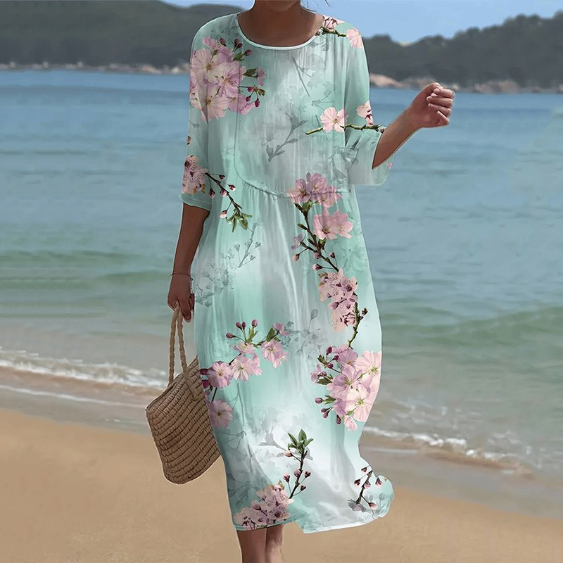 Women's Elegant Floral Art Linen Blend Loose Linen Dress wearshes