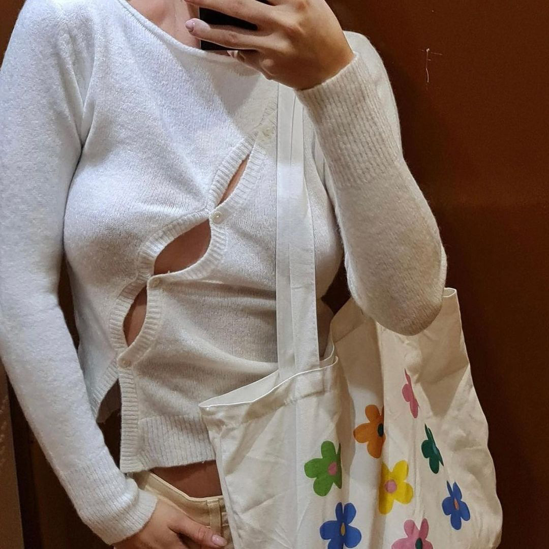 Ootddress Knit Hollow Out Crop Tops For Women Shirts Knitwear Long Sleeve Bodycon Pullover Button Designer Top Ladies Streetwear